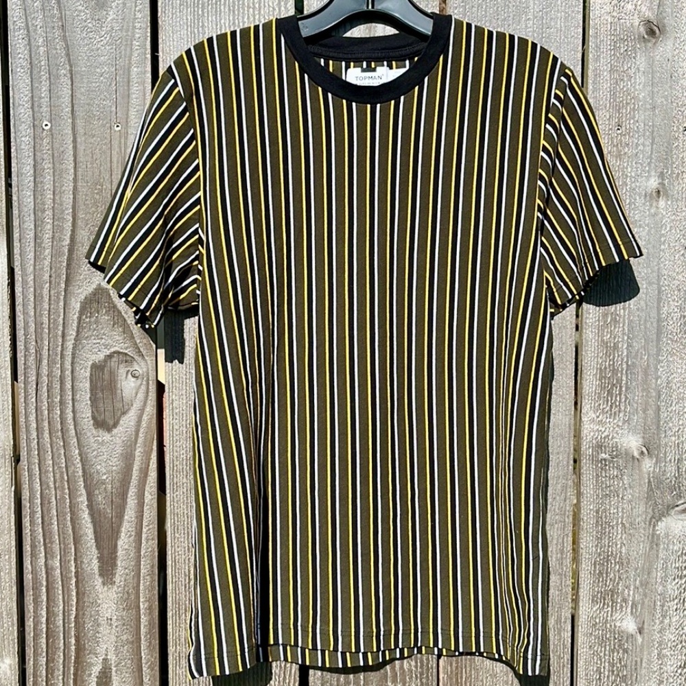Green/Black striped Topman shirt in Medium, fit is slim and snug.